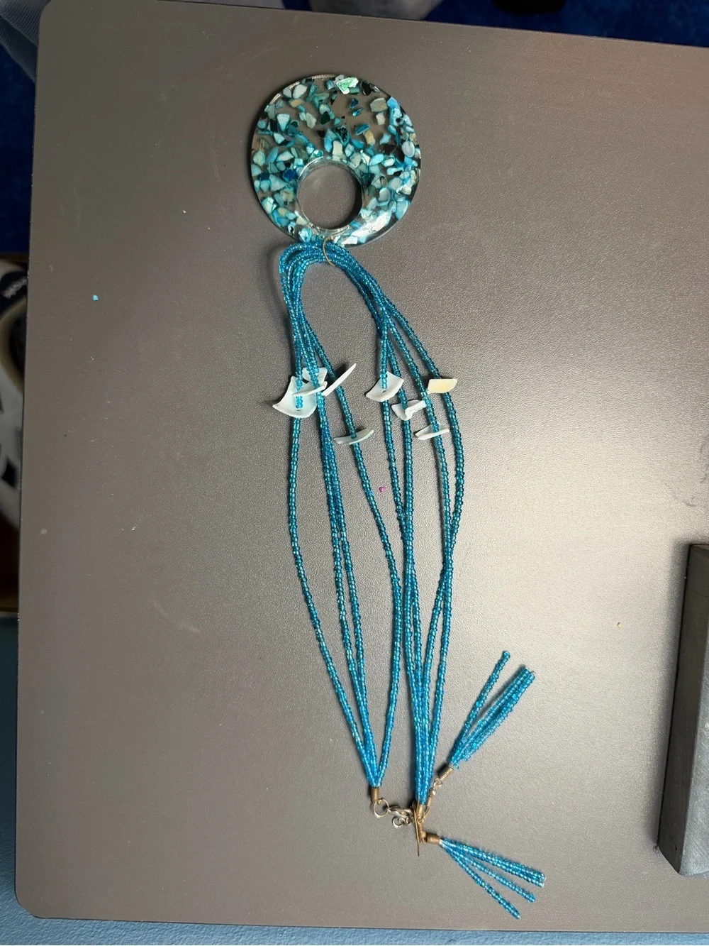 & Other Stories Teal Blue Beaded Necklace with Donut Pendant